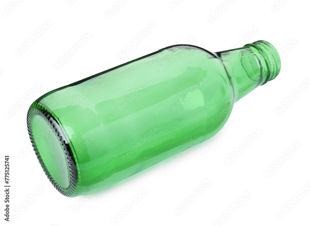 Sticker One empty green beer bottle isolated on white