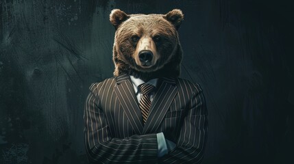 A bear in a pinstripe suit, analyzing market downturns, embodying cautious investment strategies - obrazy, fototapety, plakaty