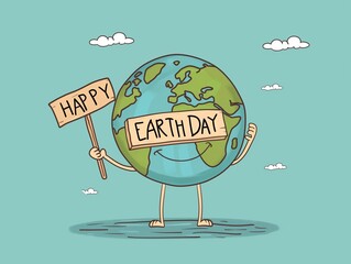 cartoon earth holding up a sign that says HAPPY EARTH DAY - obrazy, fototapety, plakaty
