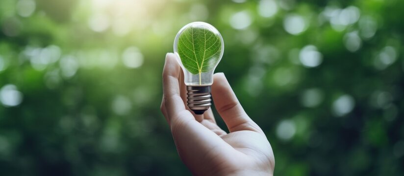Hand holding light bulb against nature on green leaf with icons energy sources for renewable, sustainable development.