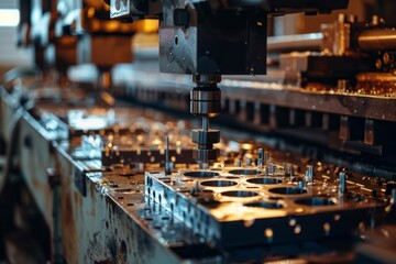 A detailed view of a metal stamping press in action, illustrating the force and precision in creating metal components - obrazy, fototapety, plakaty
