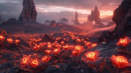 A fantasy scene where fire flowers bloom in a volcanic landscape, casting an eerie glow on the surroundings, under a dusky sky - obrazy, fototapety, plakaty