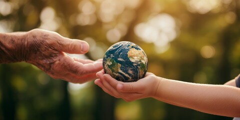 Close-up of senior hands giving small planet earth to a child over defocused green background with copy space