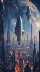 A fleet of sleek, silver anti-gravity ships departing from a futuristic Earth city at dusk, heading towards a starlit sky