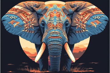 A majestic elephant with intricate patterns on its ears and trunk - obrazy, fototapety, plakaty