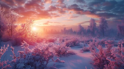 A frost-covered landscape at dawn