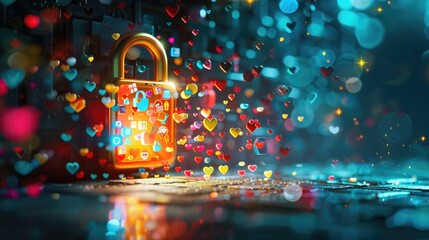 Digital padlock unlocks, releasing joyful icons on a computer desktop, symbolizing secure access to the digital world