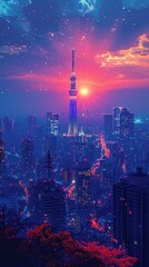 A breathtaking cityscape of Tokyo at night, lights twinkling in the skyline, 2D surreal illustrate