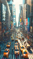 A bustling cityscape of New York, with taxis and people on the busy streets, 3d comercial shot illustrate