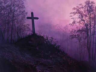 A lone cross stands vigilant on a hill, twilights purple hues draping over the silent woods, falls final colors glowing softly