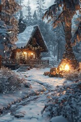 A cozy winter scene with a snow-covered cabin and a warm, inviting fireplace, Occlusion Mapping