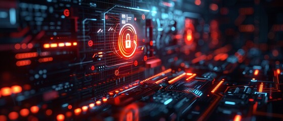 A digital cybersecurity background with a shield icon and binary code trails, 3D vibrant dynamic illustrate - obrazy, fototapety, plakaty