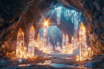 A fantasy landscape with a mystical cave entrance and glowing crystals, 3d Vintage sci fi - obrazy, fototapety, plakaty