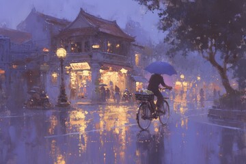 A painting of a Hanoi street in the rain at night, in the style of an impressionist artist, shows a man riding his bicycle with an umbrella and basket on the back 