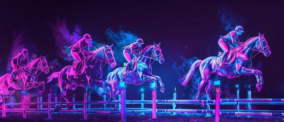 A neon-lit equestrian event, with horses and riders outlined in glowing attire, jumping over luminescent hurdles - obrazy, fototapety, plakaty
