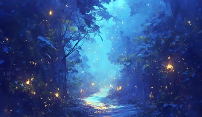 Fototapeta na wymiar a path leading through dark woods, glowing fireflies