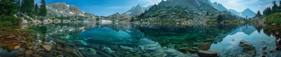 A pristine mountain lake with clear waters, providing a serene and open setting for summer backgrounds with copy space - obrazy, fototapety, plakaty