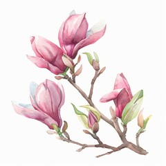 A watercolor painting of a delicate magnolia branch, capturing the essence of spring with its soft pink blooms. Isolated on white