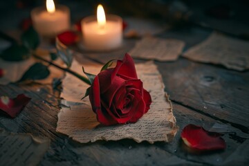 A single red rose, with its petals catching fire, against a backdrop of faded love letters and dim candlelight, symbolizing passionate love