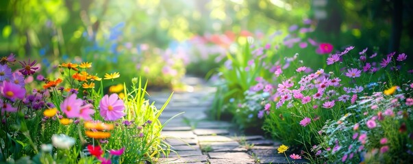 A simple garden path with summer flowers, offering a quaint and charming background with room for textual elements - obrazy, fototapety, plakaty