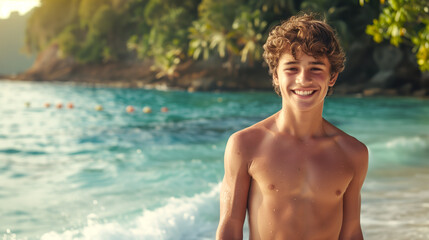 A smiling shirtless teenage boy on the tropical island background with copy space area, beautiful summer beach and turquoise sea - Powered by Adobe