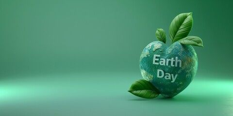 Minimal 3D render heart shaped written text Earth Day on the earth with leaf, green background, blender,,.