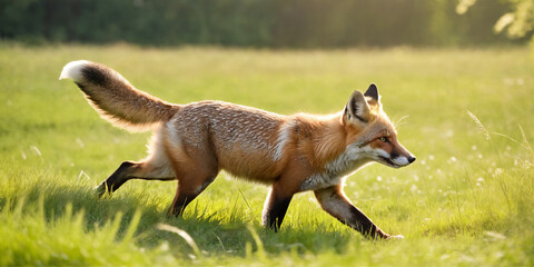 A Fox on a green meadow in the late summer sun. - 775127758