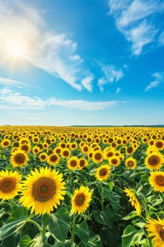 A sunflower field under a clear blue sky, offering a cheerful and bright summer landscape for joyful designs