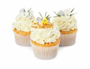 Tasty Easter cupcakes with vanilla cream isolated on white