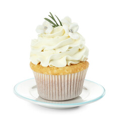 Tasty Easter cupcake with vanilla cream isolated on white