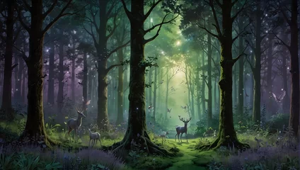 Foto op Plexiglas A whimsical forest scene with magical creatures, highlighted in luminous greens, soft lavenders, and sparkling silvers Generative AI © Lifeline