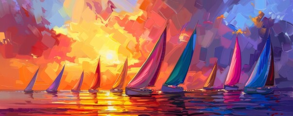 A vibrant regatta, sails ablaze with sunset colors, racing on the shimmering sea