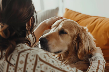 A woman is petting her golden retriever dog