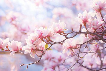 Pink flowers of a blooming spring magnolia