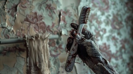A zombie's hand holding a decayed toothbrush, bristles falling out, against a backdrop of tattered wallpaper - obrazy, fototapety, plakaty