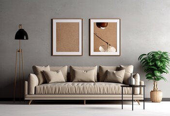 Elegant and modern design of a living room with sofa, coffee table and tow painting on the wall.