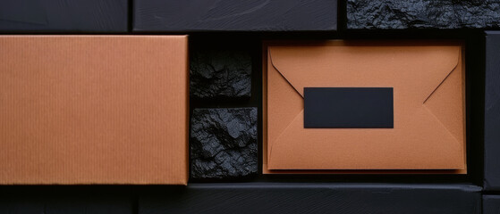Fototapeta premium A brown box with a black label sits in front of a black box
