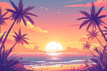 A vector illustration of a beautiful sunset on the beach with palm trees, in the style of flat design, colorful background, 