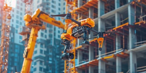 An automated construction site, with drones and robots collaborating to build structures faster and safer than ever before - obrazy, fototapety, plakaty