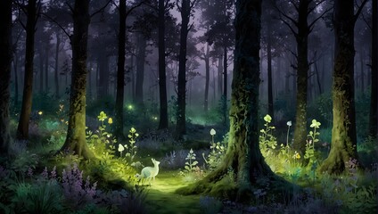 A whimsical forest scene with magical creatures, highlighted in luminous greens, soft lavenders, and sparkling silvers Generative AI