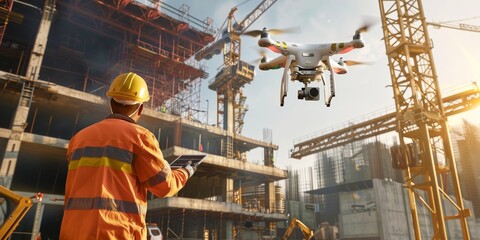 An automated construction site, with drones and robots collaborating to build structures faster and safer than ever before