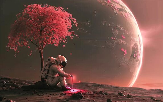 An astronaut planting a neon-colored tree on Mars, under a dome-shaped habitat, as Earth rises in the background
