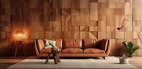 Luxurious design of a living room with a leather sofa in an environment decorated in brown and ocher tones with wood on the walls.