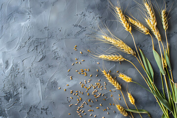 Golden wheat ears and scattered grains on a textured grey background, wheat one of the most traded commodities, demand and supply for food processing