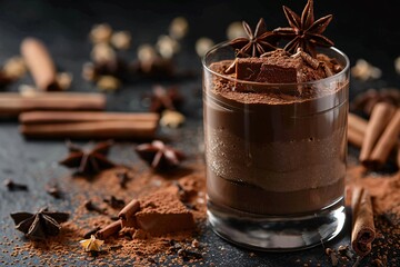 a glass of chocolate mousse with spices