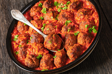Albondigas, mexican meatballs in dish, top view