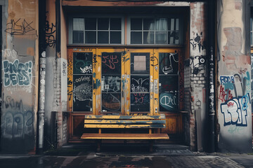 Graffiti-covered urban doorway and bench, capturing raw and colorful essence of street art and...