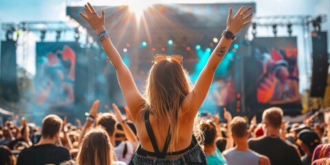 An outdoor music festival with a stage and cheering crowd, capturing the energetic and festive atmosphere of summer events