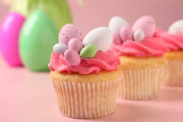 Tasty decorated Easter cupcakes on pink background, selective focus