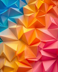 Close-up of a 3D origami paper texture, with intricate folds and bright colors, perfect for a unique and cute advertising background